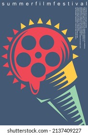 Summer Film Festival Conceptual Artistic Poster Template With Sun, Ice Cream In A Cone And Film Reel. Entertainment Vector Flyer. Cinematography Theme.
