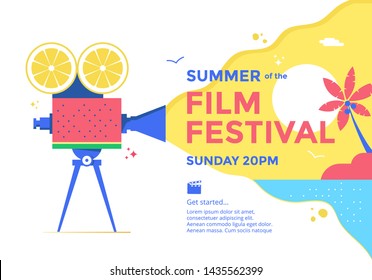 Summer Film Festival poster design. Cinema banner with stylized camera and seascape. Movie flyer vacation at sea