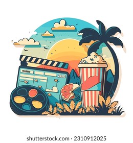 Summer film screening. Film decoration. Fast food and popcorn. Cartoon vector illustration. white background, label, sticker