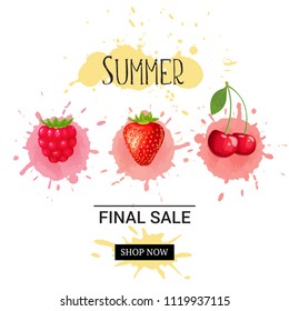 Summer final sale banner. Vector background with text and ripe berries with colored watercolor blobs