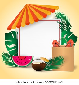 Summer final sale card with colorful summer elements and empty space for your text. Banner on the yellow background. Ad concept. Vector illustration template