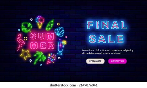 Summer final sale neon landing page. Circle layout with season vacation icons. Special offer flyer. Marketing advertising. Night bright promotion. Glowing effect banner. Vector illustration