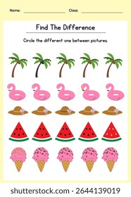Summer find the difference worksheet. Visual discrimination activity for kids. Perfect for preschool and kindergarten students to enhance focus and observation skills.