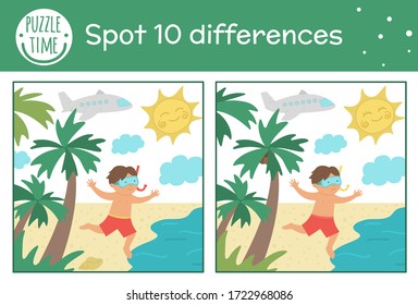 Summer Find Differences Game For Children. Beach Holiday Preschool Activity With Boy Running To The Sea. Printable Worksheet With Cute Funny Smiling Character.