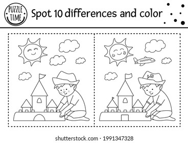 Summer find differences game for children with cute kid building sandcastle. Beach holidays black and white activity and coloring page with funny boy and sun. Printable worksheet