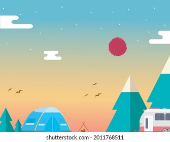 Summer fire camping scene with a blue tent beside a camper bus, set in a forest under twilight sky with stars, retro sun, flying birds, and vector clouds. Perfect nature getaway and outdoor adventure 