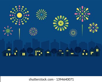 Summer firework landscape vector illustration.