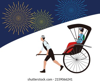 summer Fireworks, rickshaw and woman in kimono. Japanese style illustration