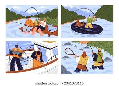 Summer fishing set. Fishermen catch fish on ship, couple with rod on river bank, people in water with fishnet, angling on boat. Professional and amateur fishers. Male hobby. Flat vector illustration