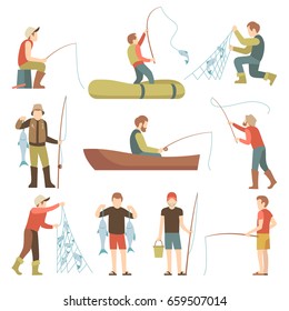 Summer fishing sport vacation vector flat icons. Fishermen with fish set. Fisherman fishing in boat illustration