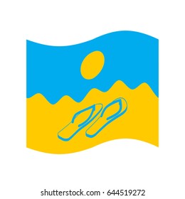 Summer flag. Symbol of solar state. Beach and slippers. Sun and waves
