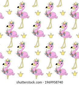 Summer flamingo with crown seamless pattern. Vector illustration cartoon animals. T-shirt design for kids, wallpaper, print