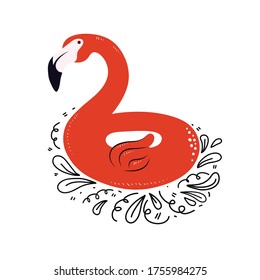 El flamingo de verano flota. Círculo inflable rosado Flamingo aislado sobre fondo blanco. Hobby de verano y pasatiempo. Artículos de vacaciones y natación. Ilustración vectorial dibujada a mano con elementos Doodle