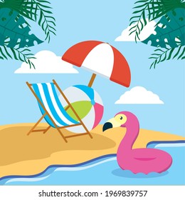 Summer flamingo float and sunchair at beach