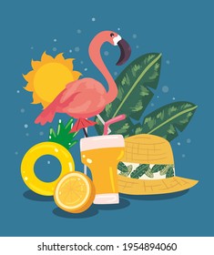 flamingo de verano con conjunto de iconos