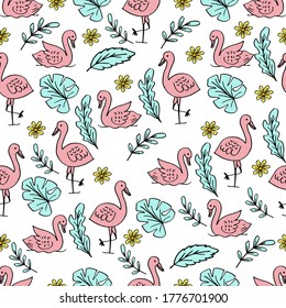 Flamingo de verano y hojas sin costura.