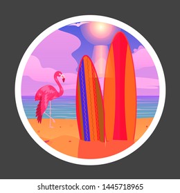 Summer flamingo on sunset background. Tropical beach scene with flamingo bird and surfing board banner vector illustration. Vacation and tourism concept. Outdoor actuvity.