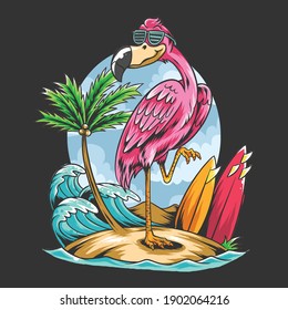 summer flamingos on the beach with coconut trees and surf boards vector