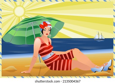 Chica de verano bañándose sol en la playa , ilustración vectorial