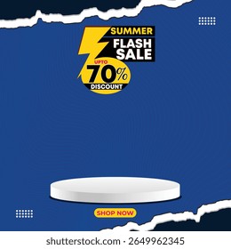 Summer Flash Sale Banner Design – Up to 70% Discount Offer Template.
abstract blue background, ripped paper texture effect, and product display podium.
Perfect for e-commerce, seasonal promotions,