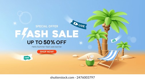 Summer flash sale, coconut trees, beach chair, banner design, on sand beach and blue background, EPS 10 vector illustration

