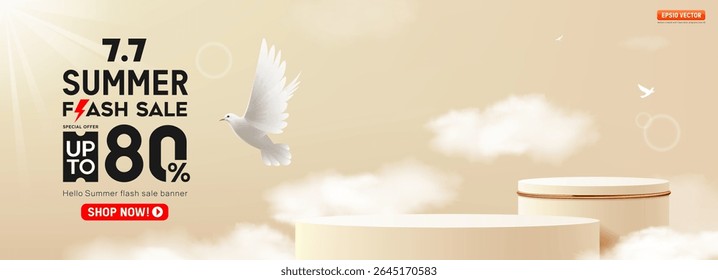 Summer flash sale cream color podium with white bird flying on cloud banner background, EPS 10 vector illustration