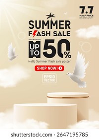 Summer flash sale cream color podium with white bird flying on cloud poster design background, EPS 10 vector illustration