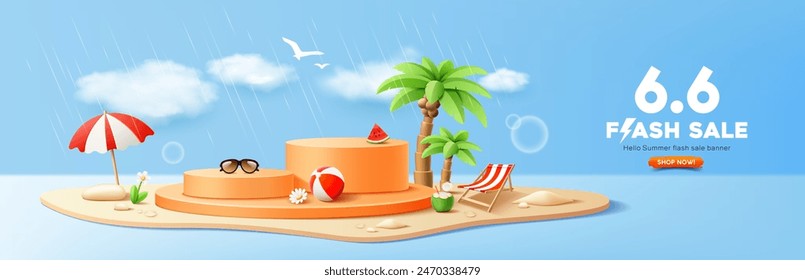 Summer flash sale, orange podium display, rain in summer, pile of sand, coconut tree, beach umbrella, banner design, on blue background, EPS 10 vector illustration