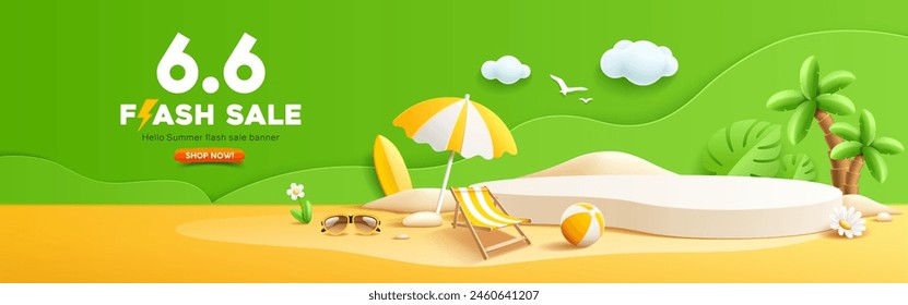 Summer flash sale, podium display, pile of sand, coconut tree, beach umbrella, beach chair, beach ball, sunglasses, banner design, on yellow and green background, EPS 10 vector illustration