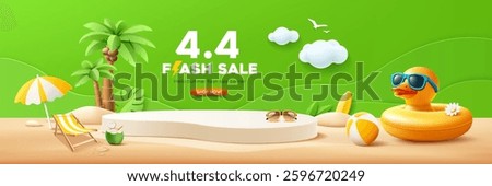 Summer flash sale podium, Duck yellow shaped inflatable ring, beach umbrella, coconut tree, banner design on sand beach green background, EPS 10 vector illustration