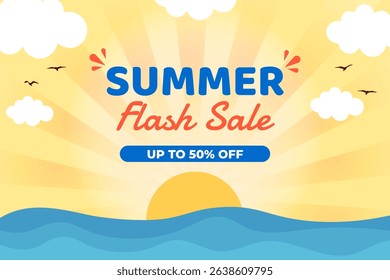 Summer flash sale vector banner template, ideal for marketing campaigns, retail store promotions, limited time deals, e-commerce sales, and website advertising