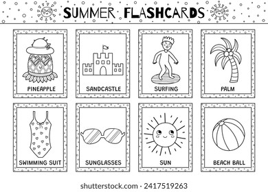 Summer flashcards black and white collection for kids. Flash cards set with cute characters for school and preschool. Educational material in outline for coloring. Vector illustration