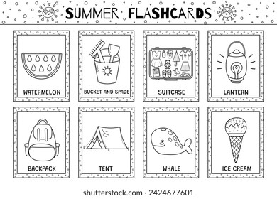 Summer flashcards black and white collection for kids. Flash cards set with cute characters for coloring in outline. Learning to read activity for children. Vector illustration