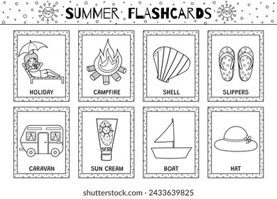 Summer flashcards black and white collection for kids. Vacations flash cards set in outline for coloring. Learning to read activity for children. Vector illustration