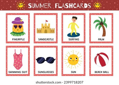 Summer flashcards collection for kids. Flash cards set with cute characters for school and preschool. Learning to read activity for children. Vector illustration