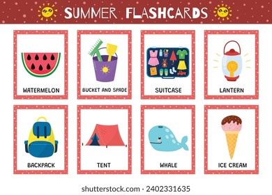 Summer flashcards collection for kids. Flash cards set with cute characters for school and preschool. Learning to read activity for children. Vector illustration