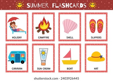 Summer flashcards collection for kids. Flash cards set with cute characters for school and preschool. Learning to read activity for children. Vector illustration