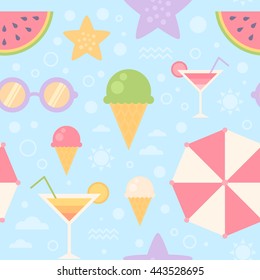 Summer flat card with holiday vacation icons, umbrella, sunglasses, ice-cream, cocktail, watermelon, starfish, isolated on background