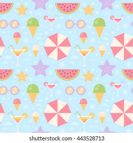 Summer flat card with holiday vacation icons, umbrella, sunglasses, ice-cream, cocktail, watermelon, starfish, isolated on background