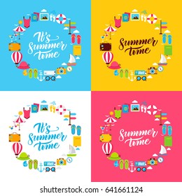 Summer Flat Circles. Set of Sea Travel Objects with Handwritten Lettering.