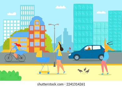 Verano en la calle de la ciudad plana, ilustración vectorial. Personaje de hombre mujer en carretera urbana al aire libre, caminar en diseño de parque. Estilo de vida urbano, deporte, caminar