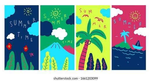 Dibujo del doodle de verano en la playa plana y colorido para niños de montaña

