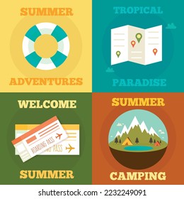 Summer Flat concept. summer, holiday, vacation poster set. can be use for greeting and invitation card. background , backdrop. flat design. vector illustration