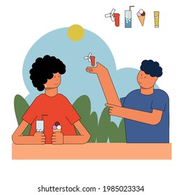 Summer flat concept vector illustration. Woman and man in hot weather 2D cartoon characters for web design. Women drink water. The man recommends a fan with the possibility of variations, for example