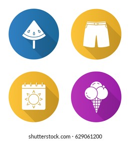 Summer flat design long shadow icons set. Watermelon slice on stick, swimming trunks, calendar with sun, ice cream. Vector silhouette illustration