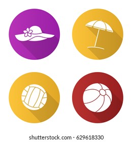 Summer flat design long shadow icons set. Summer holidays. Volleyball and beach balls, umbrella, women's hat. Vector silhouette illustration