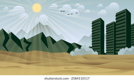 Summer flat design urban Arabic landscape. Megapolis skyscrapers in the desert against the backdrop of mountains, sky with sun, clouds, flying birds. Vector.