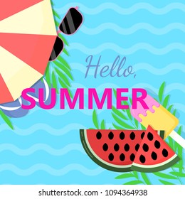 Summer flat design vector background. Watermelon, ice cream, lifebuoy, sunglasses, palm leaves, slippers, umbrella