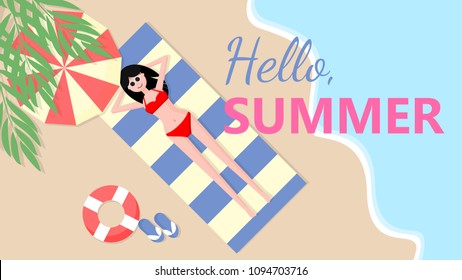 Summer flat design vector background. Watermelon, ice cream, lifebuoy, sunglasses, palm leaves, slippers, umbrella