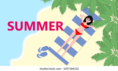 Summer flat design vector background. Watermelon, ice cream, lifebuoy, sunglasses, palm leaves, slippers, umbrella